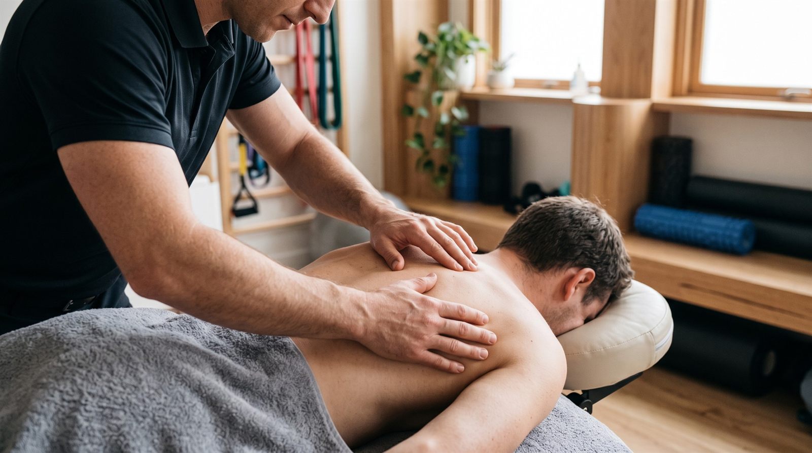 A physiotherapist giving hands-on treatment to a patient's upper back