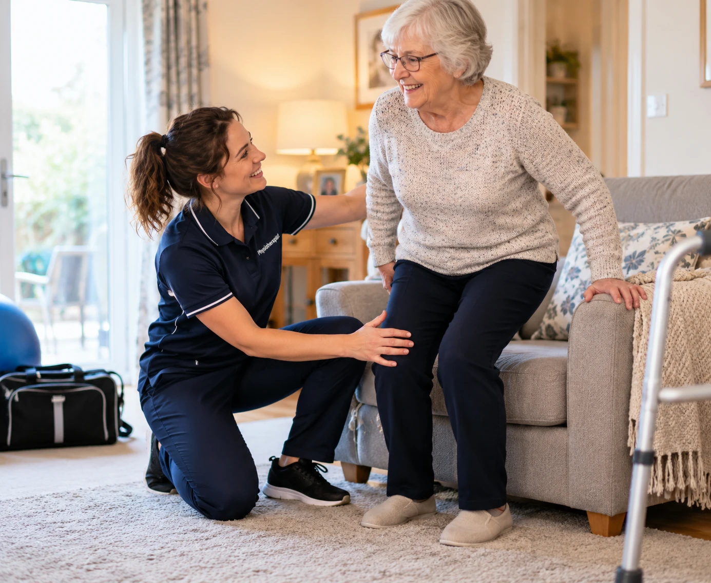 A physiotherapist helping an older woman stand up from her sofa during a home visit