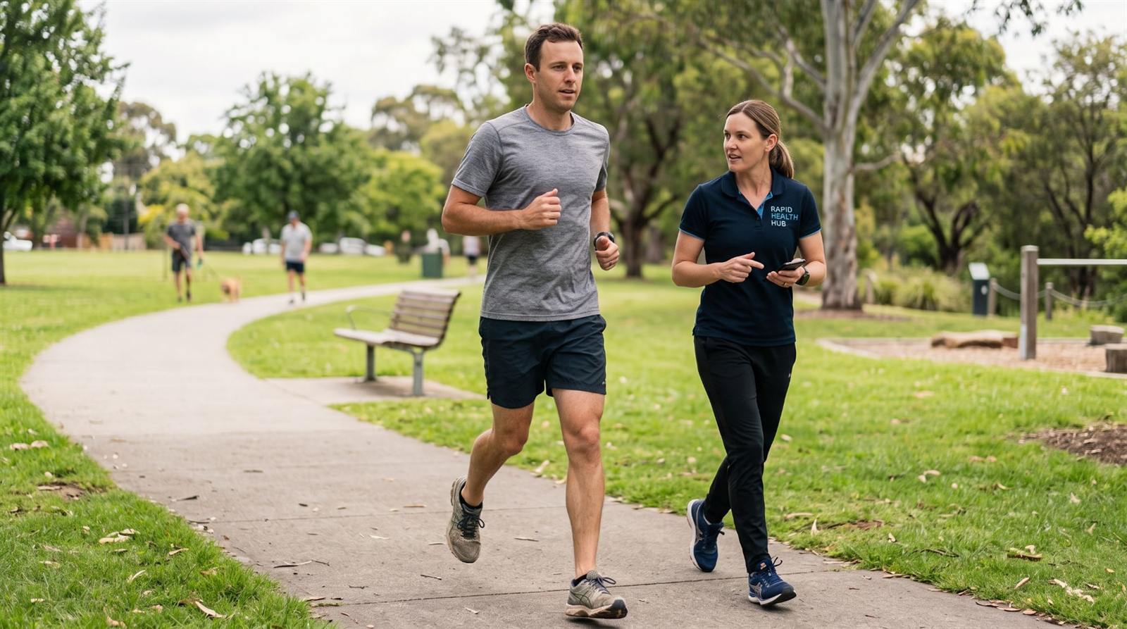 A physiotherapist walking beside a runner in a park, talking through their running technique